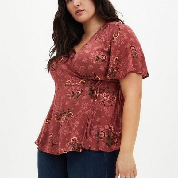 torrid Tops - Torrid Size 0 	NWOT Dusty Rose Floral Gauze Smocked Surplice Blouse